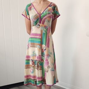 Trina Turk Silk Cream Multi-Color Printed Midi Dress Size Small